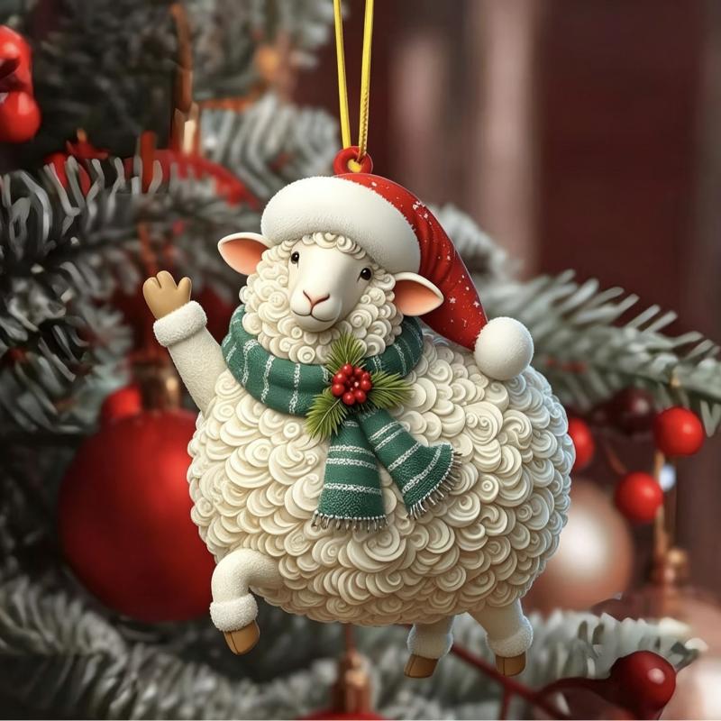 1Pcs Christmas Sheep 2D Acrylic Ornament with Santa Hat Scarf Lovely Xmas Tree Hanging Pendant for Winter Holiday Home Decor