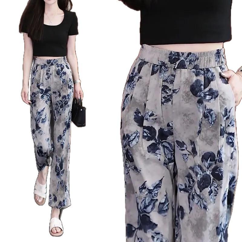 Ice Silk Printed Wide-Leg Women's Pants - Summer 2026, Elastic Waist, Loose Nine-Point Casual Straight-Leg Design