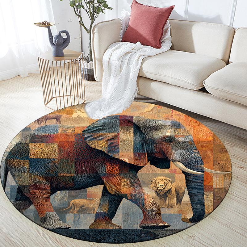 Elephant Round Area Rug,Carpet Rug for Living Room Bedroom Sofa Playroom Decor,Non-slip Floor Mat