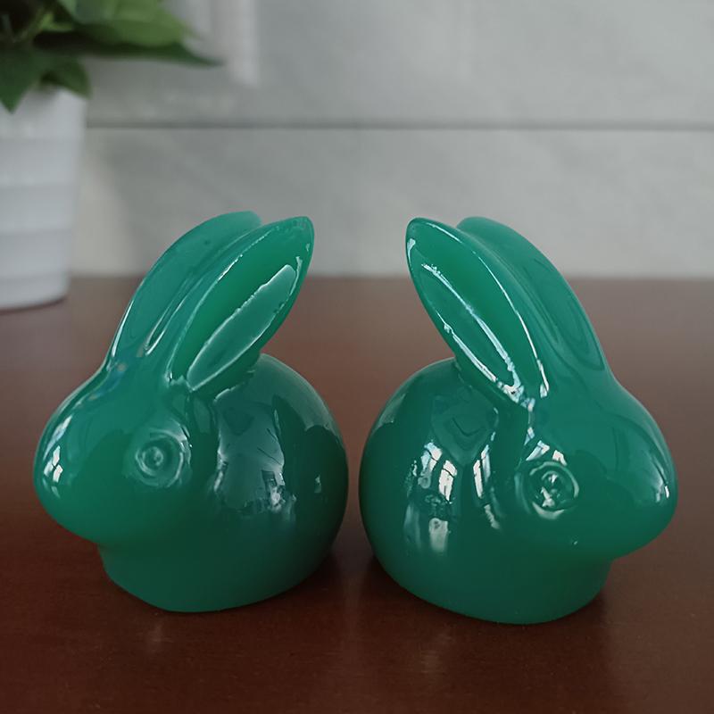 2PCS Stone Jade Colour Rabbit Double Statue Mascot Animal Cartoon Bunny Figurine Ornament Gift Resin Home Car Desktop Decoration