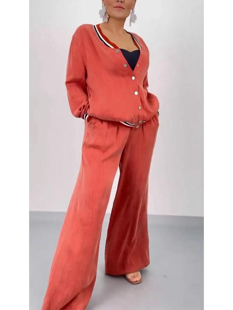Ensemble Cardigan Patchwork Col Rond Femme Automne/Hiver 2025 & Pantalon Jambe Large