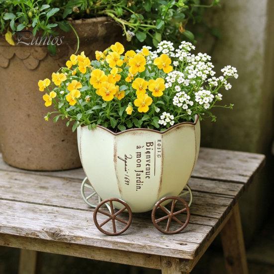 Room Decoration Pot Retro Pumpkin Cart Planter, Decorative Metal Flowerpot with Drainage Hole, Stylish Succulents Pots Plant for Indoor Outdoor