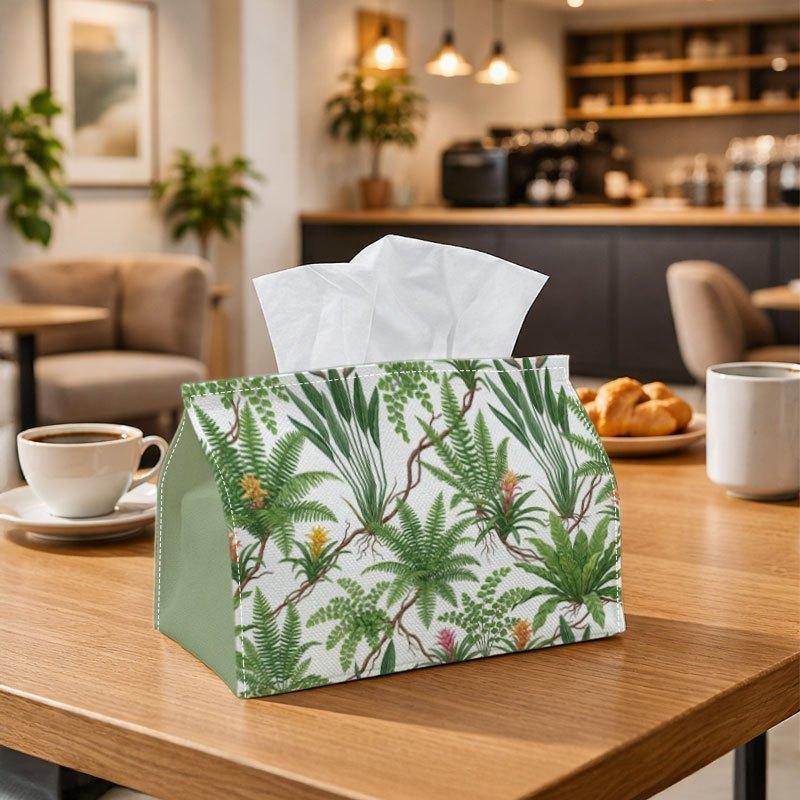 1pc Botanical_ Plants Tissue Box Holder Featuring Ferns And Leaves In Green, with Soft Fabric And a Decorative Case That Has a Subtle Pattern And Clea