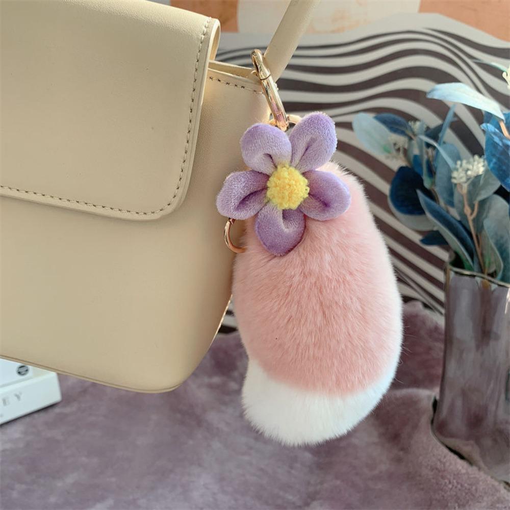 

Pink Rex Rabbit Fur Tail Pendant Flower Genuine Fur Toys Keyring Animal Tail Keychain Handbag розовый