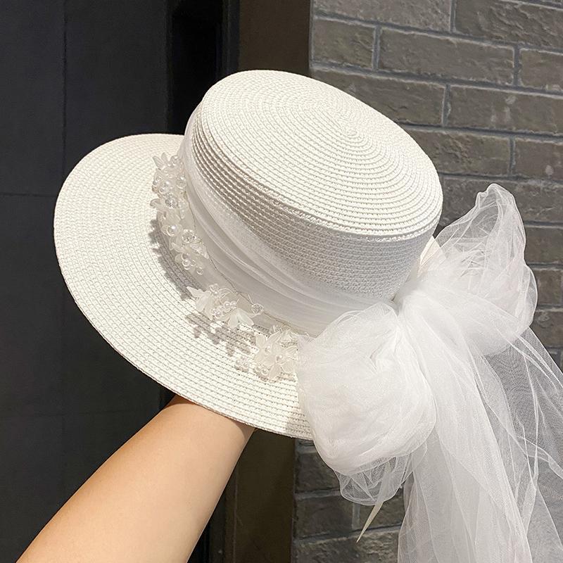 French Retro Elegant Lace Hat Flower Streamer Flat Top Big Brim Top Hat Spring and Summer Travel Sun Protection Sun Hat Women