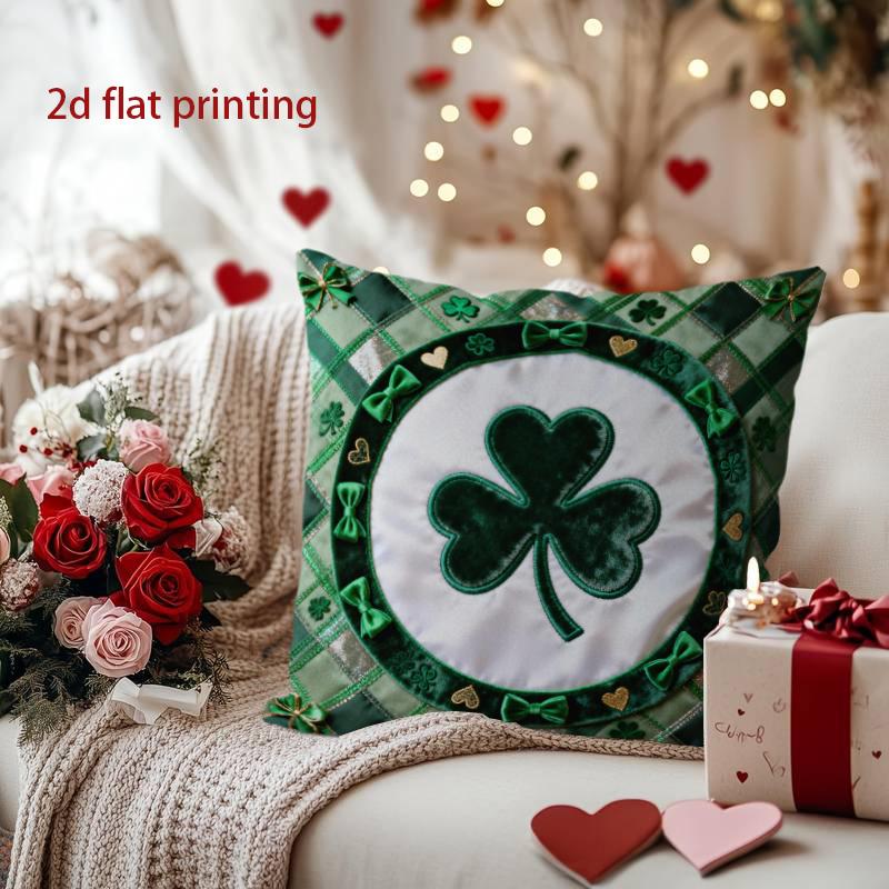 St. Patrick's Day Heart & Shamrock Decorative Pillow Pattern Cushion Cover Suitable for Sofa Bedroom Car Pillow Cover