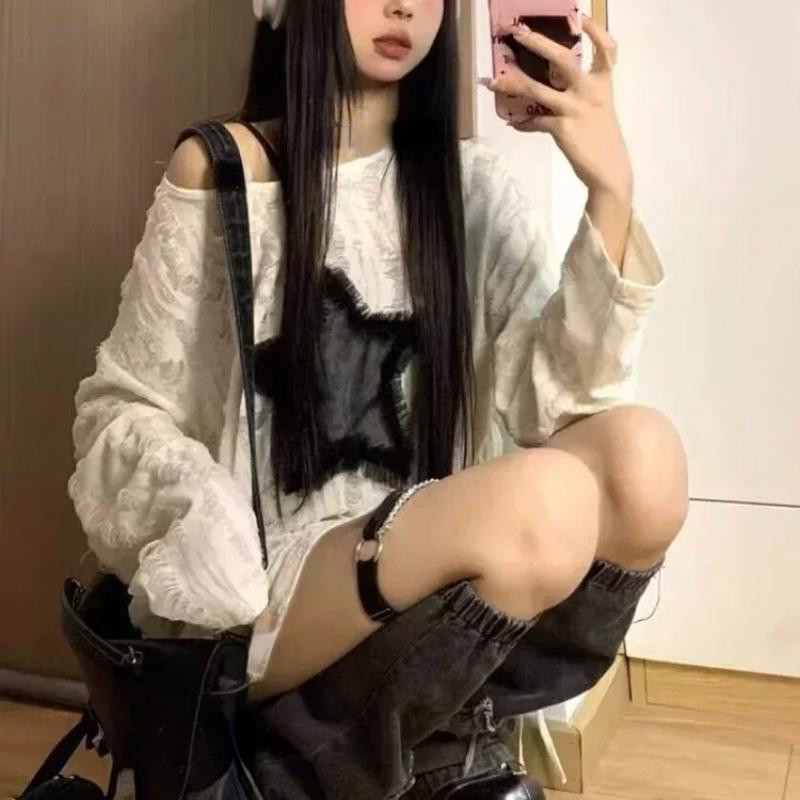 Grunge Hole T-shirt Women Fashion Star Print Y2k Aesthetic Loose Tees Kpop Fairycore Ripped Tshirt Harajuku Gothic Streetwear