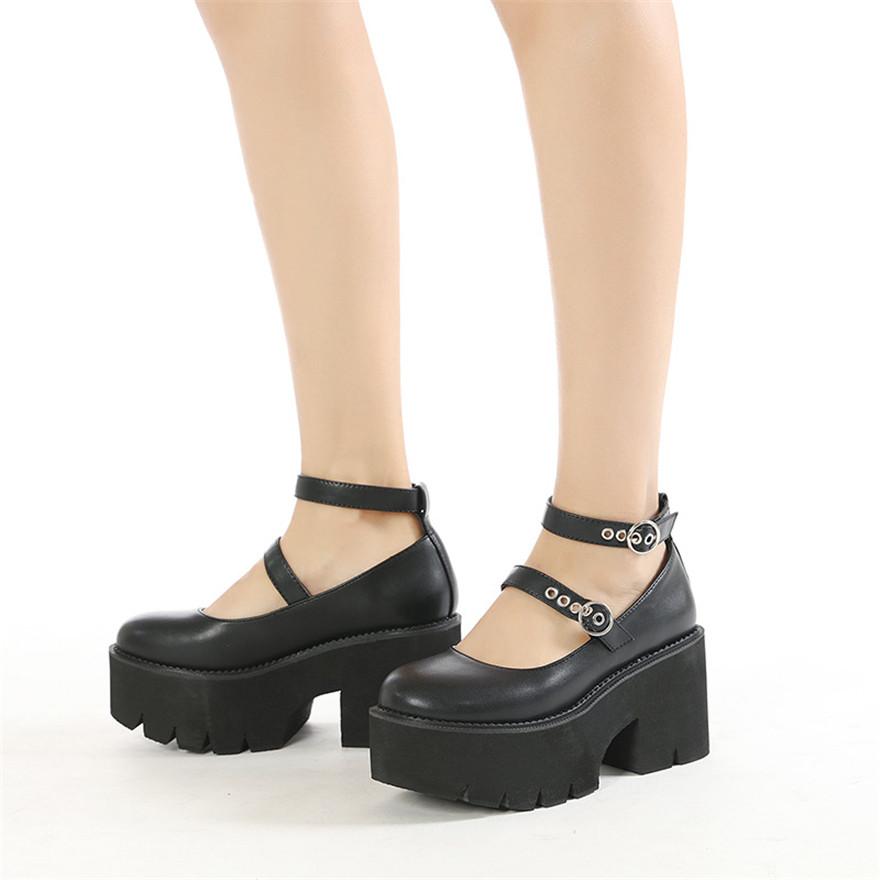 Classic Female Loafers Shoes New Autumn Thick Heels Patent Leather Buckle Pumps Retro Girls Platform High-Heeled Shoes for Women