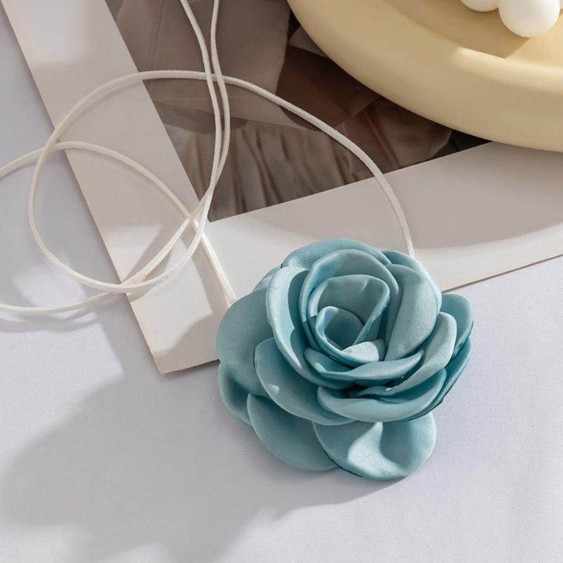 Fabric Flower Tie Choker Necklace Long Rope Lock Collarbone Chain Fashion Neck Decoration Fabric Floral Tie-Up Choker