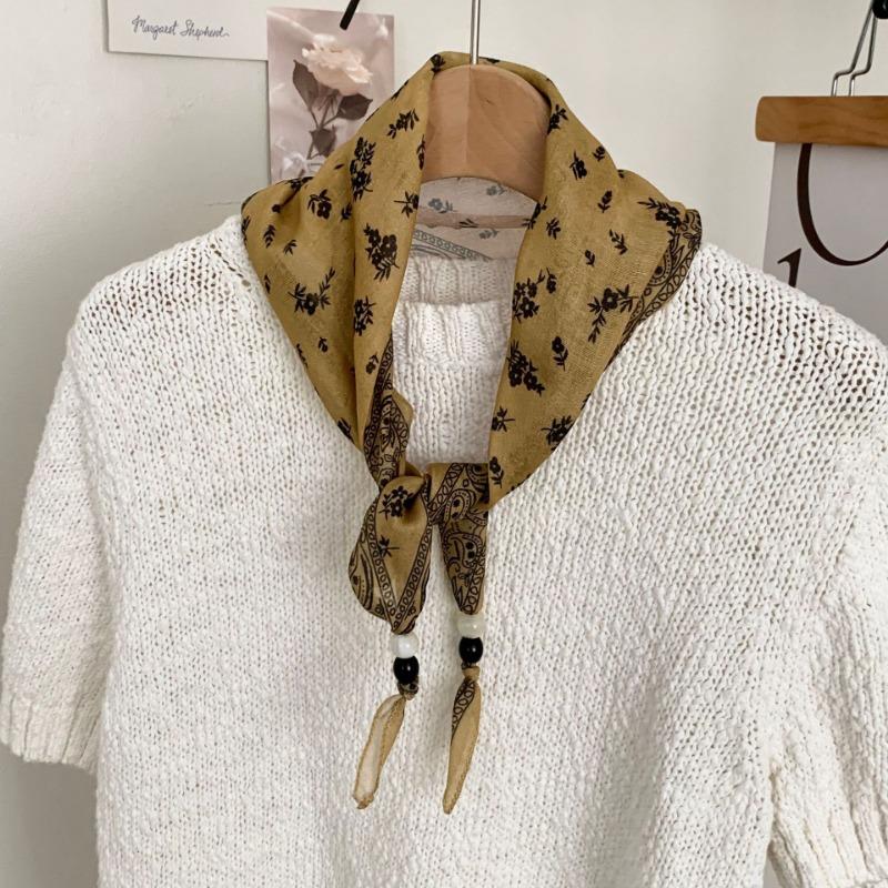 Silk Scarf New Literary Scarf Shawl Cashew Flower Headband Versatile Multi-purpose Pearl Triangle Scarf Waist Tie