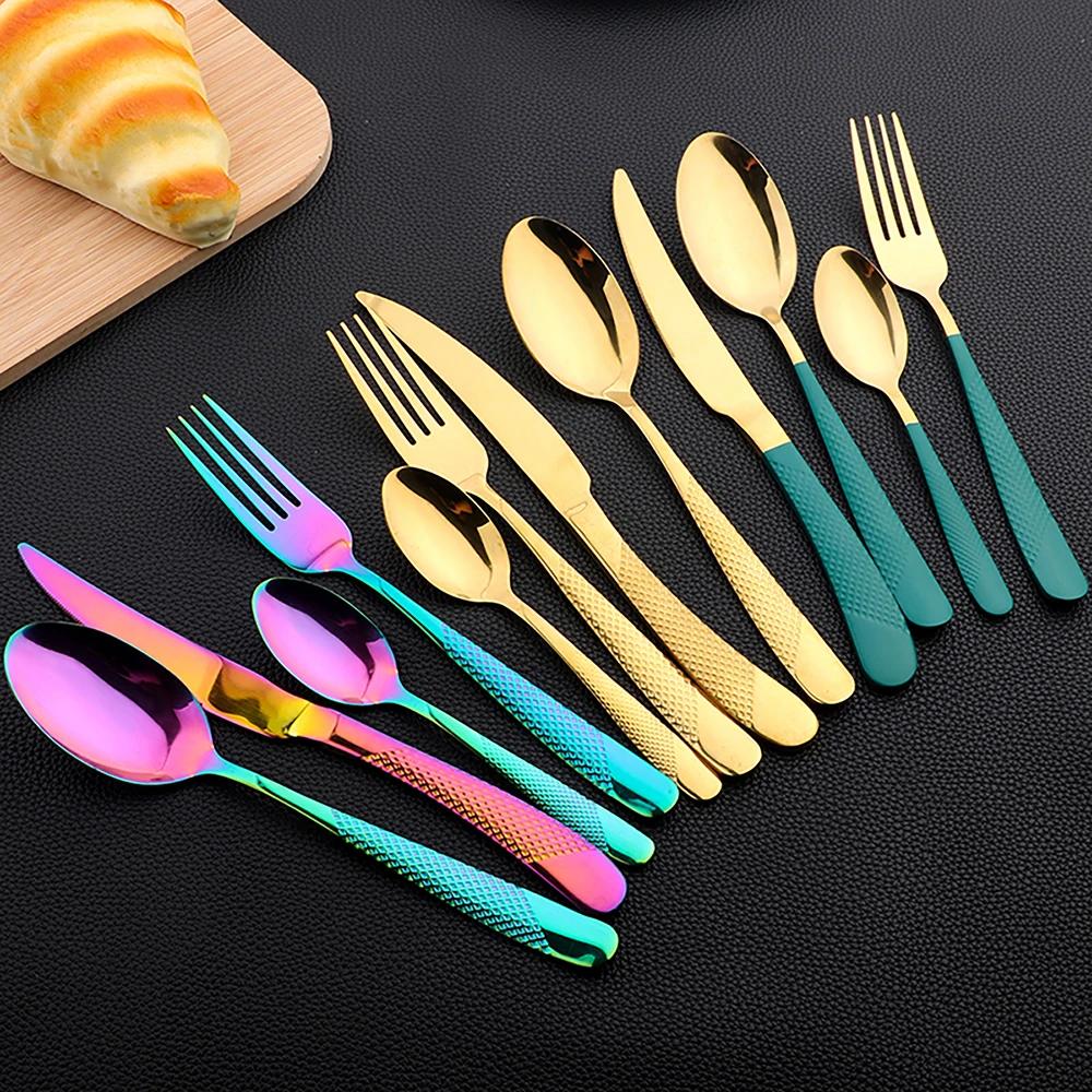 16Pcs Cutlery Set Stainless Steel Steak Knife Cake Fork Coffee Spoon Dinnerware Set Golden Flatware Silverware Kitchen Tableware
