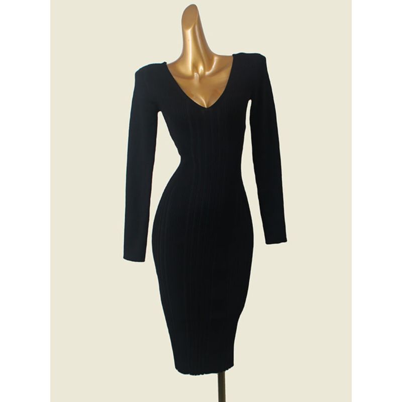 American Brand Fine Rib V-neck Autumn and Winter Base Skirt Foreign Trade Original Order Solid Long sleeve Sheath Slim fit Long dress