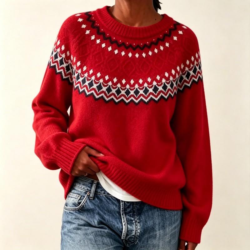 Womens Oversized Knit Sweater With Fair Isle Round Neck Long Sleeve Loose Fit Fall Winter Casual Top