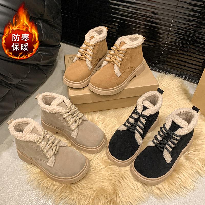 Winter new thick-soled outer wear velvet knight boots warm medium tube Martin boots lace-up fluffy snow boots women