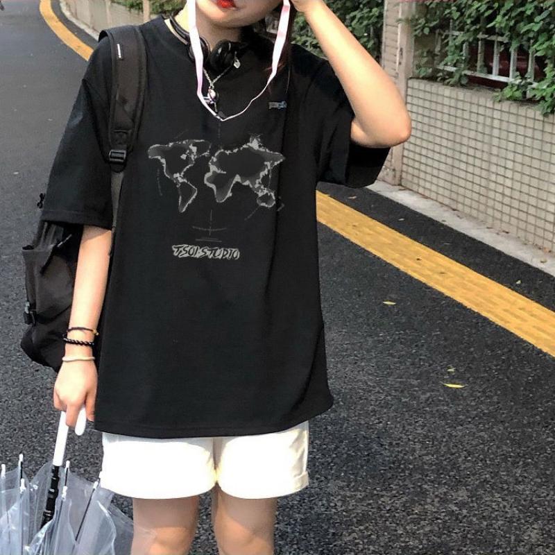 

Летняя женская футболка большого размера с принтом, хлопковая студенческая корейская версия свободной футболки с короткими рукавами 2XL чёрный