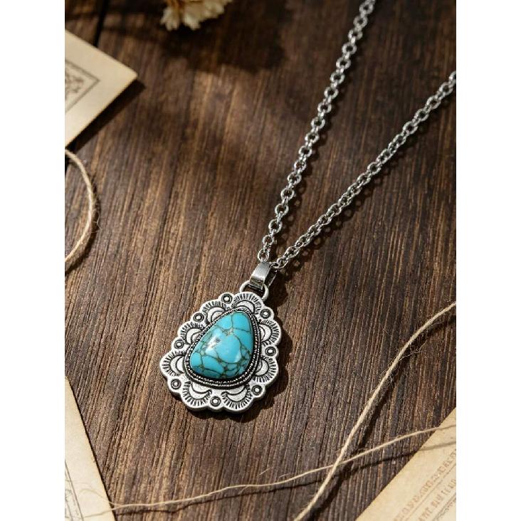 Bohemian Floral Border Artificial Turquoise Pendant, Antique Silver Versatile Casual Necklace