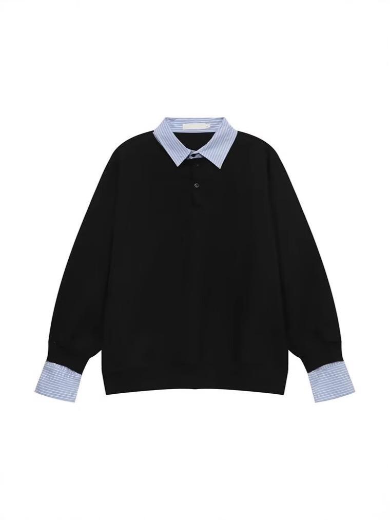 Men's American Minimalist Retro Two-Piece Style Sweatshirt: Autumn Loose Casual Preppy Long-Sleeved Top with Shirt Collar.