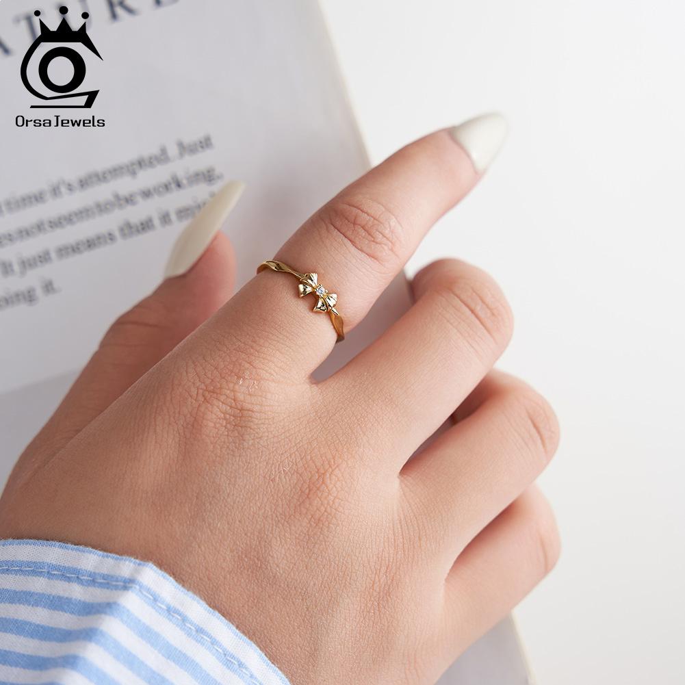 ORSA JEWELS 925 Sterling Silver Luxury Bowknot Ring Round Cubic Zircon Rings Adjustable Women Trendy Accessory Jewelry SR330