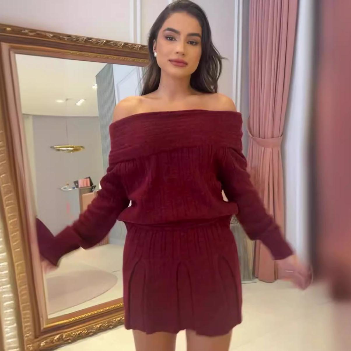 

2024 Осень Европейский и американский однотонный топ на одно плечо приталенного силуэта, универсальный женский комплект из топа и юбки M