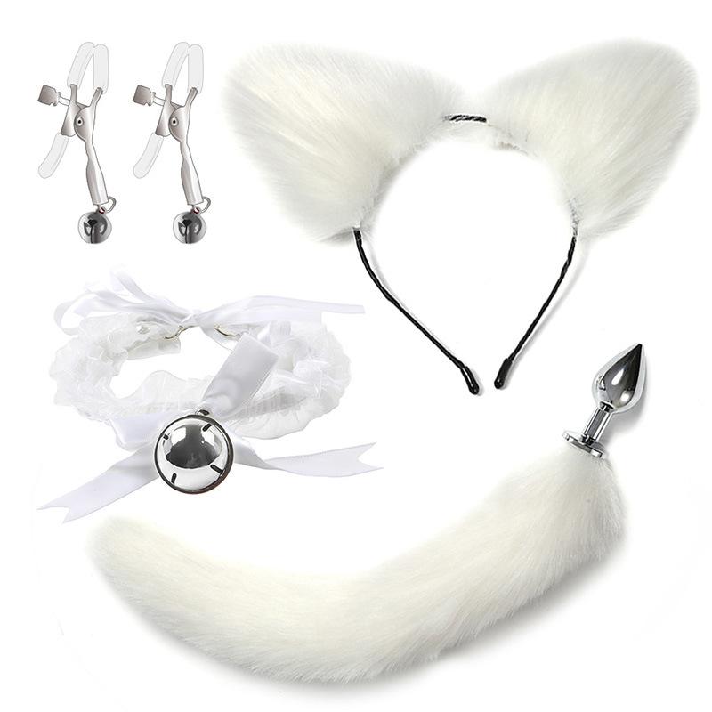 VaHppy SM Sex Toy Sets role-playing Fox 5pcs/lot Plush Anal Plug Tail Bell Collar Mouth Plugs White/Black/Pink Couple games