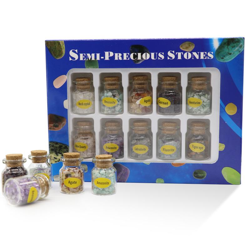 10pcs Mini Glass Wishing Bottles Tumbled Gemstone Crystal Chips Chakra Reiki Healing Stone Set Specimen Collection Gift