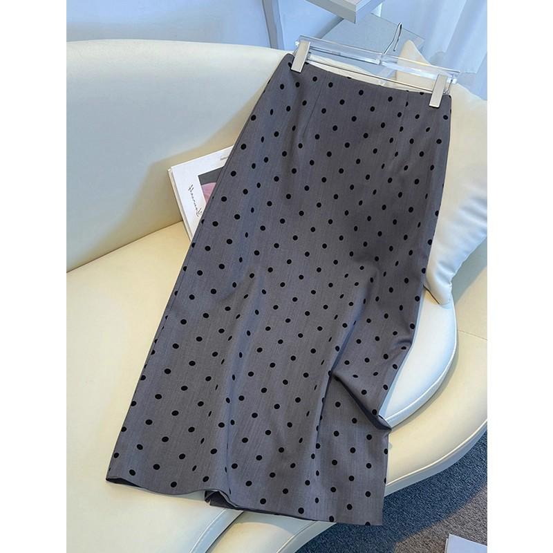 Damen-Polka-Dot-Rock mit hohem Bund und schmaler Passform - Frühling & Herbst 2025, Französische Eleganz, Hüftbetont, Halblang mit Schlitz