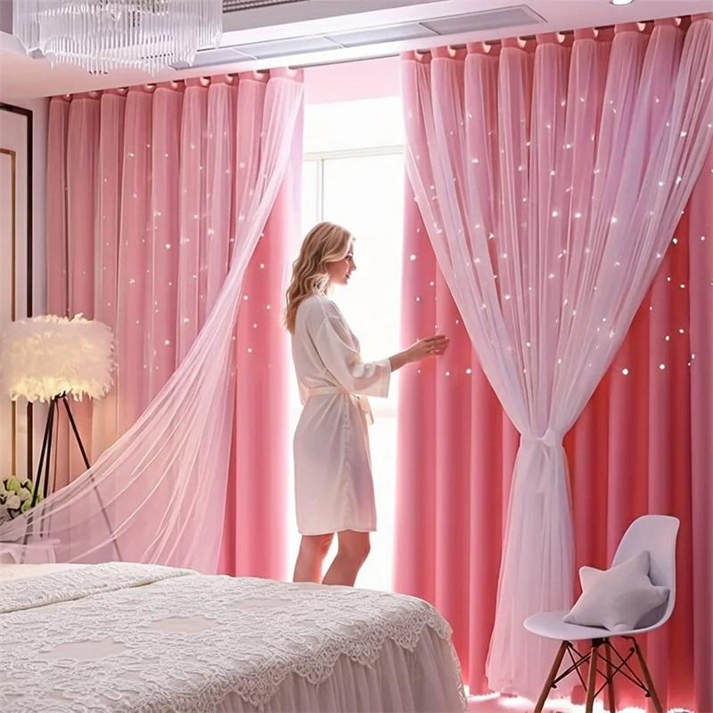 Lace Blackout Curtains Double Layer with Sheer Star Pattern Embroidery Thermal Insulated Curtain Princess Curtain Luxury Double Layer Curtains