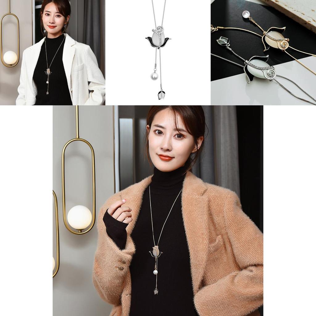 Fashionable Korean Long Sweater Chain Necklace Featuring Eye-catching Cat Eye Stone Flower Design