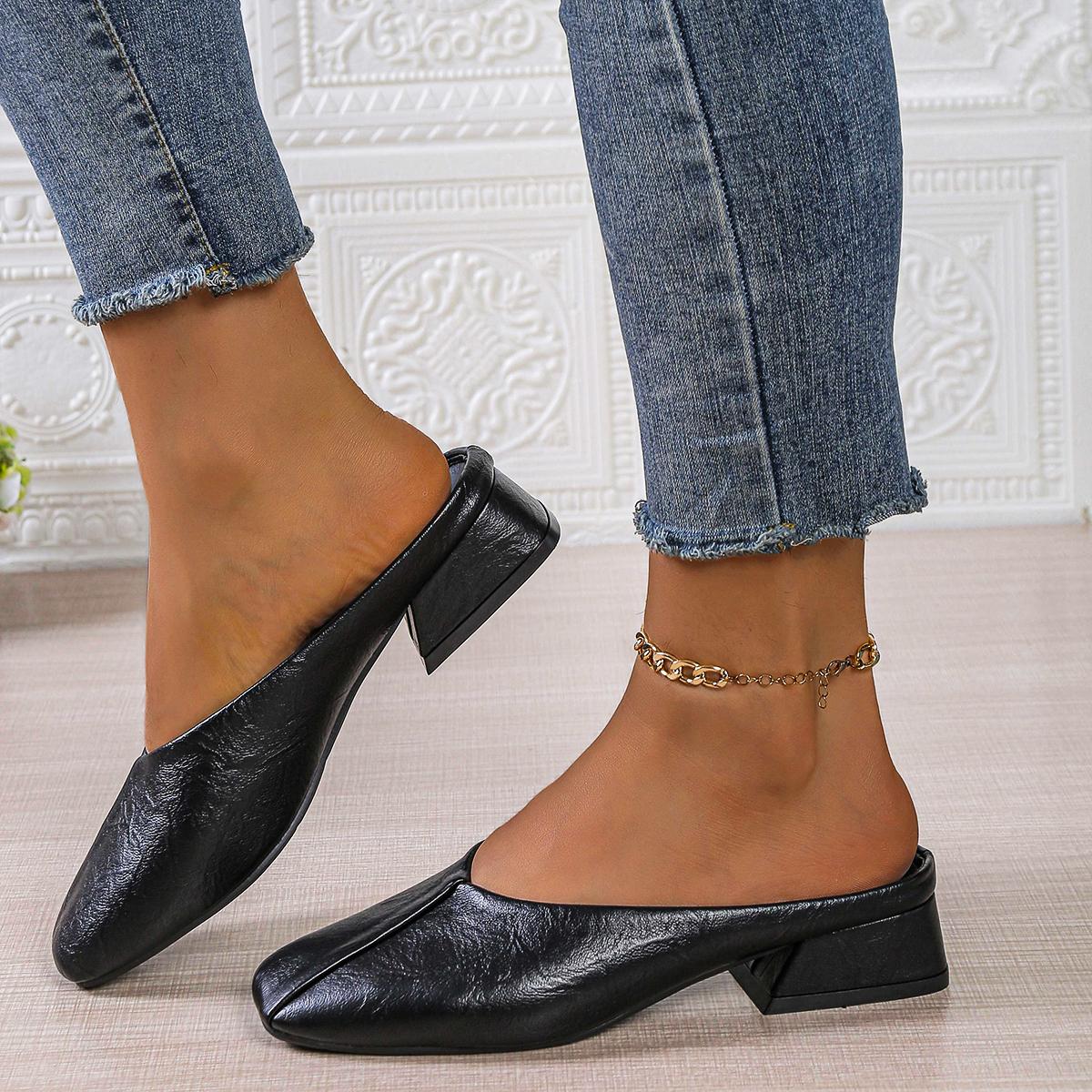 

Женские мюли, повседневные туфли на низком каблуке, удобные тапочки для улицы, весенне-летняя обувь, большой размер, квадратный носок, плоские сандалии для женщин 40 чёрный