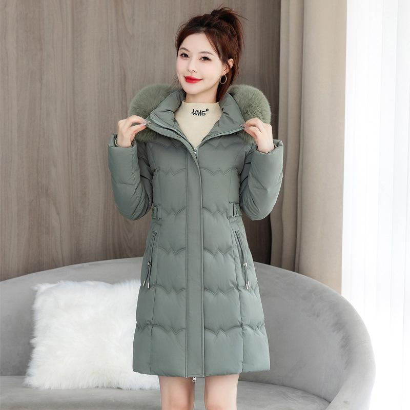 New Big Fur Collar Padded Jacket Winter Coat Fashion Medium and Long Hooded Padded Jacket Waist Rope Thin Padded Jacket Women