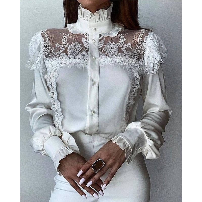

Fashion Mesh Lace Stitching Stringy Selvedge Shirt Mesh Lace Patchwork Shirt Women White XL