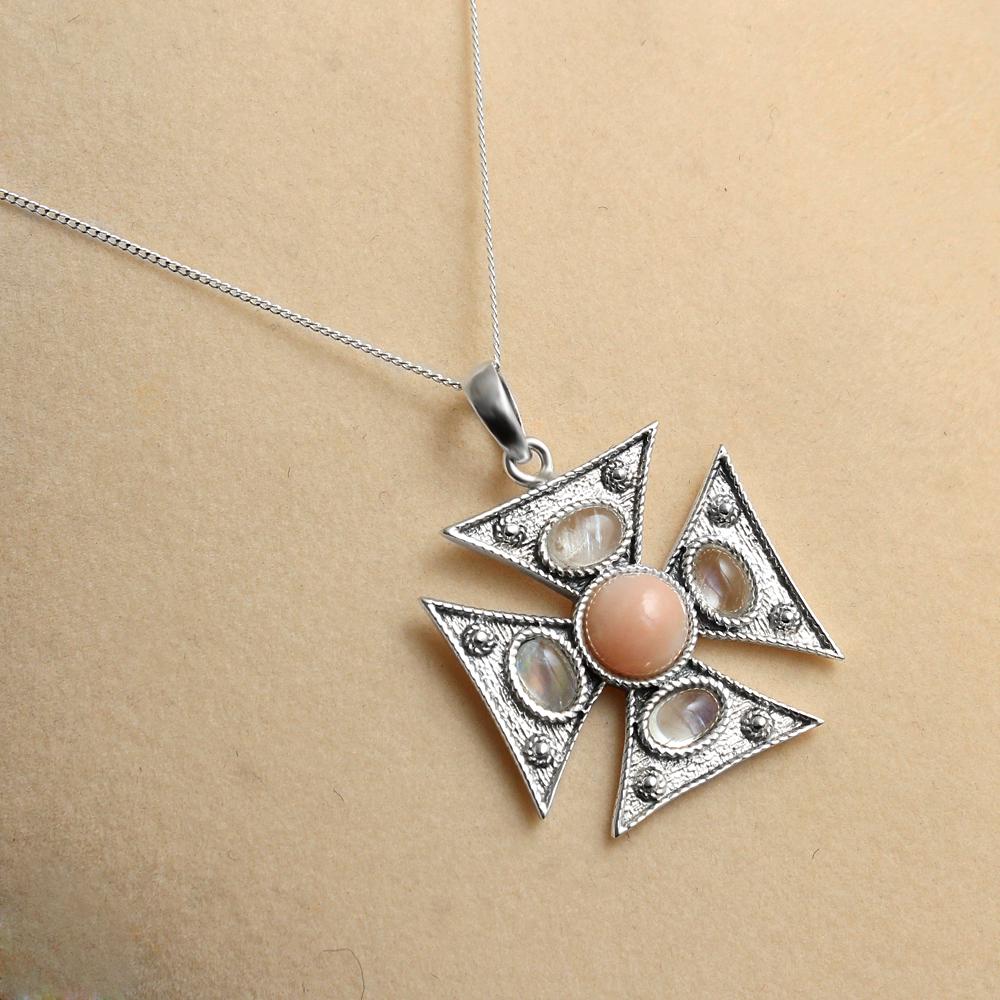 Pink Opal Moonstone Maltese Cross Pendant 925 Sterling Silver Handmade Jewelry