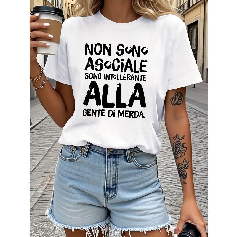 European Sizes Attitude - Style Italian Text Printed T - Shirt, Short Sleeve Crew Neck Casual Top for Summer & Spring, Women's Clothing