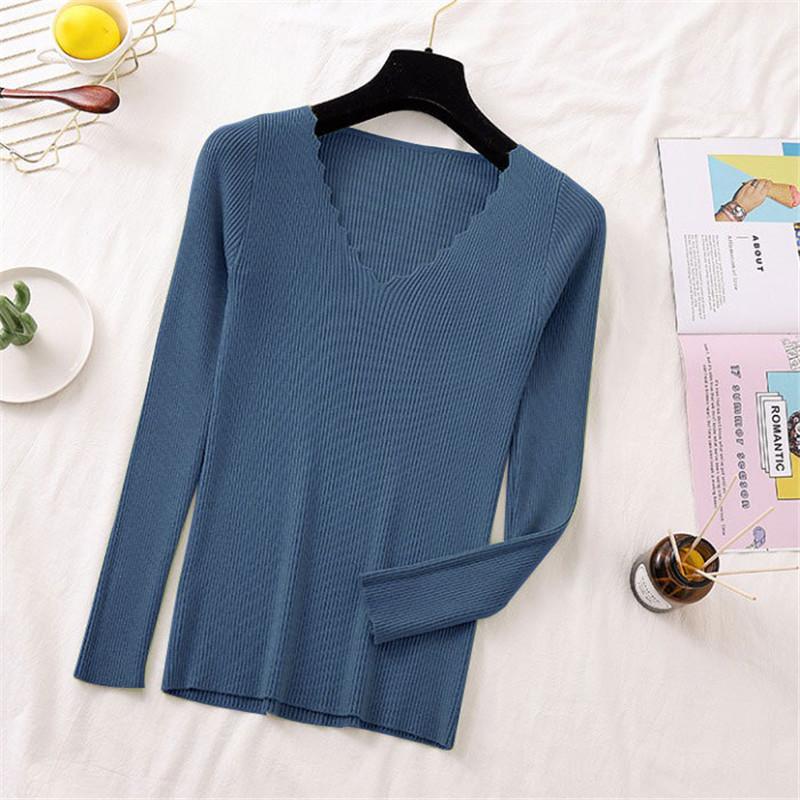 Podzim Zima Laciness Výstřih do V Slim Fit Svetr Ženy Základna Pletený Dlouhý rukáv Svetr All Match