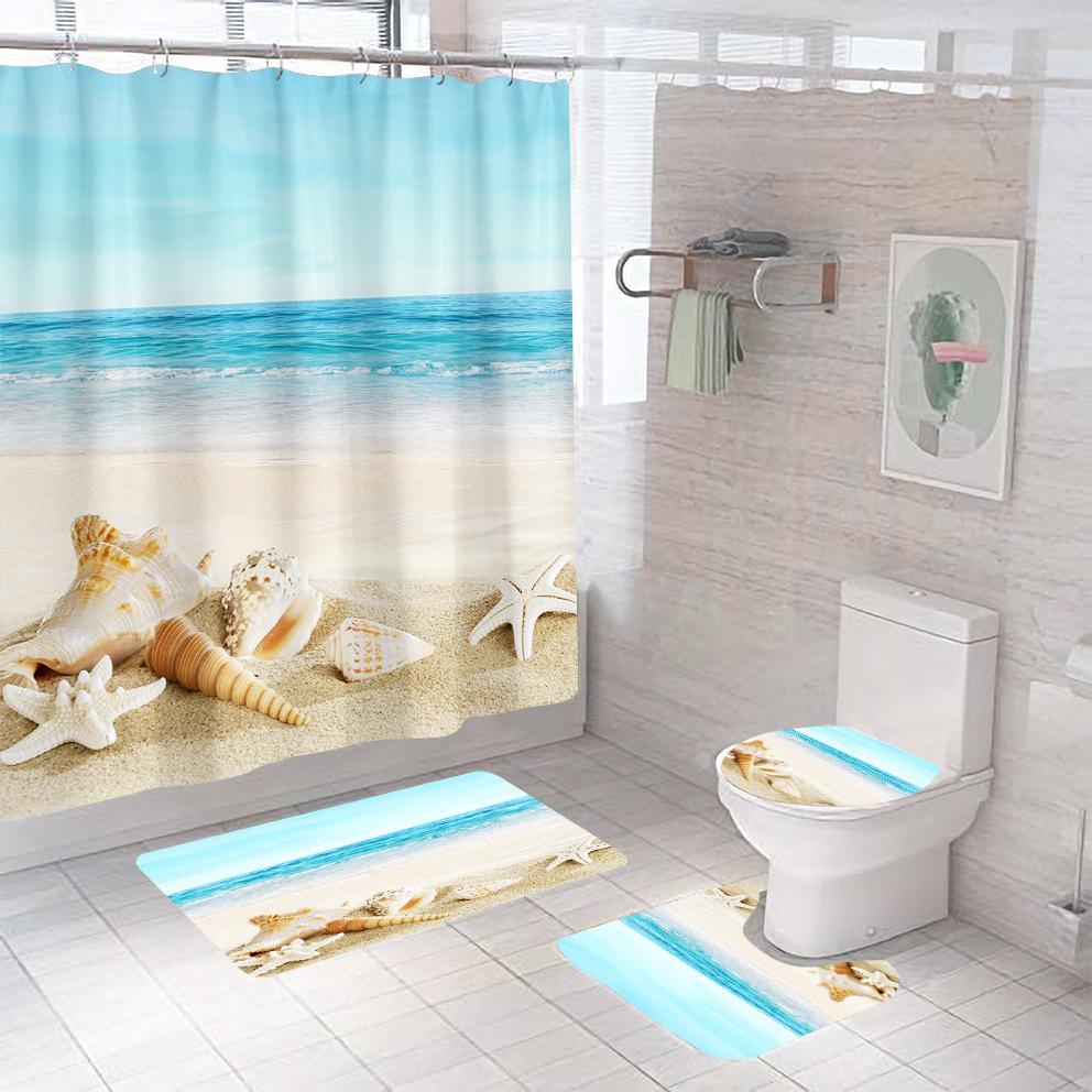 Bathroom Shower Curtain Four-piece Digital Printing Beach Shell Waterproof Shower Curtain Shower Curtain Partition Curtain Bath Mat