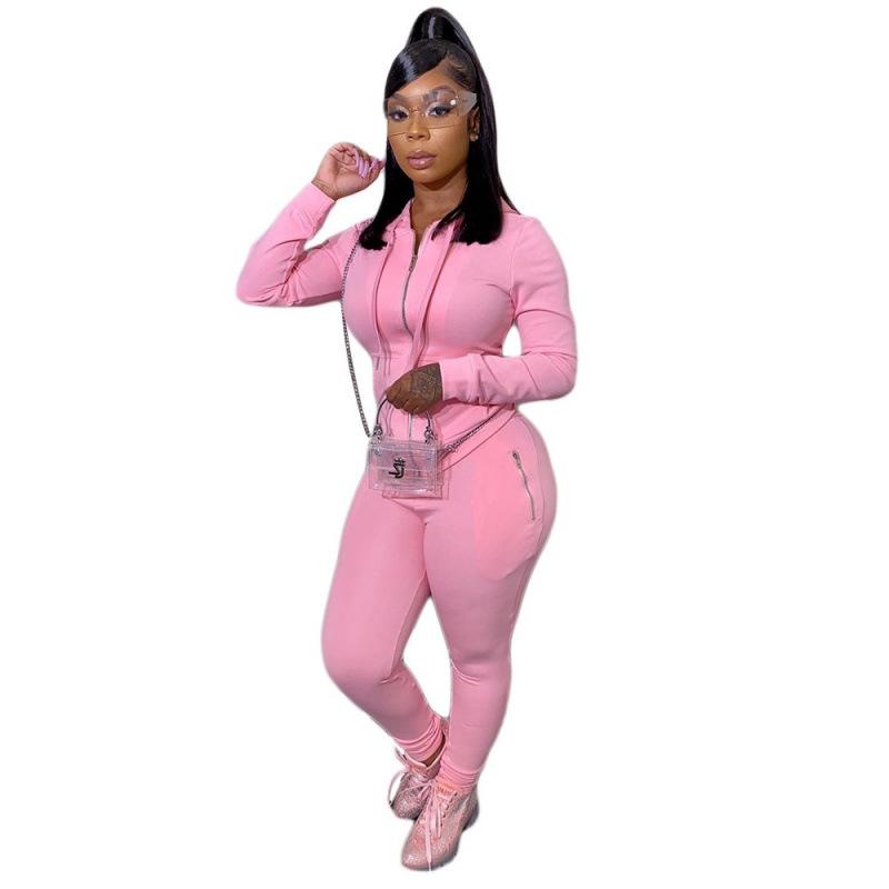 2025 Fall/Winter Women's Casual Solid Color Sportswear: Zipper Pocket Two-Piece Set