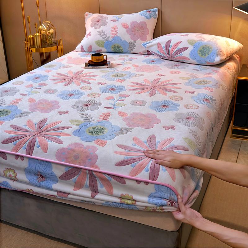WOSTAR Luxury double bed fitted sheet elastic mattress protector cover couple winter warm fluffy coral fleece bedspread 150x200