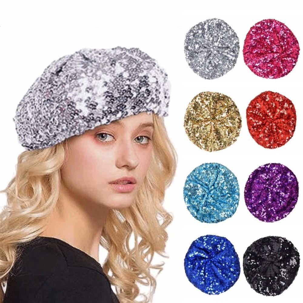 Solid Color Shining Beret Hat Chic Shiny Painter Hat Trendy Women's Sequin Beret Night Club