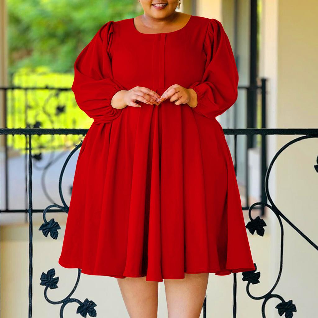 Plus Size Women's Fashion Casual Solid Color Skirt Puffy Sleeve Dress