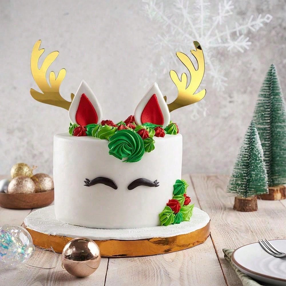 2pcs/set Gold Acrylic Deer Antler Cake Plug-in for Christmas New Year Birthday Party Cake Topper DIY Decoration Supplies