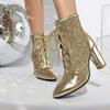 Gold Silver Women's Ankle Bling Boots Chunky High Heels Shoes Grainy Sequin Lace Up Patchwork Footwear
