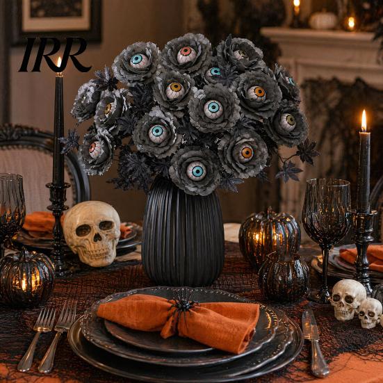 Artificial Halloween Branch Eyeball Flower Stem, Rose Floral Pick with Eyeball, Festive Accents Gothic Black Branches for Vase, Home Indoor