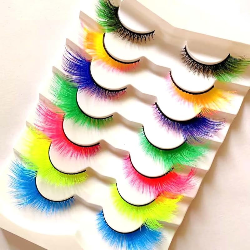 Sunniess Ombre Colored Lashes Silk Protein Fluffy Wispy Volume Fake Lashes for Halloweens Cosplay Party Stage Russian D Curl Lashes with Color Make