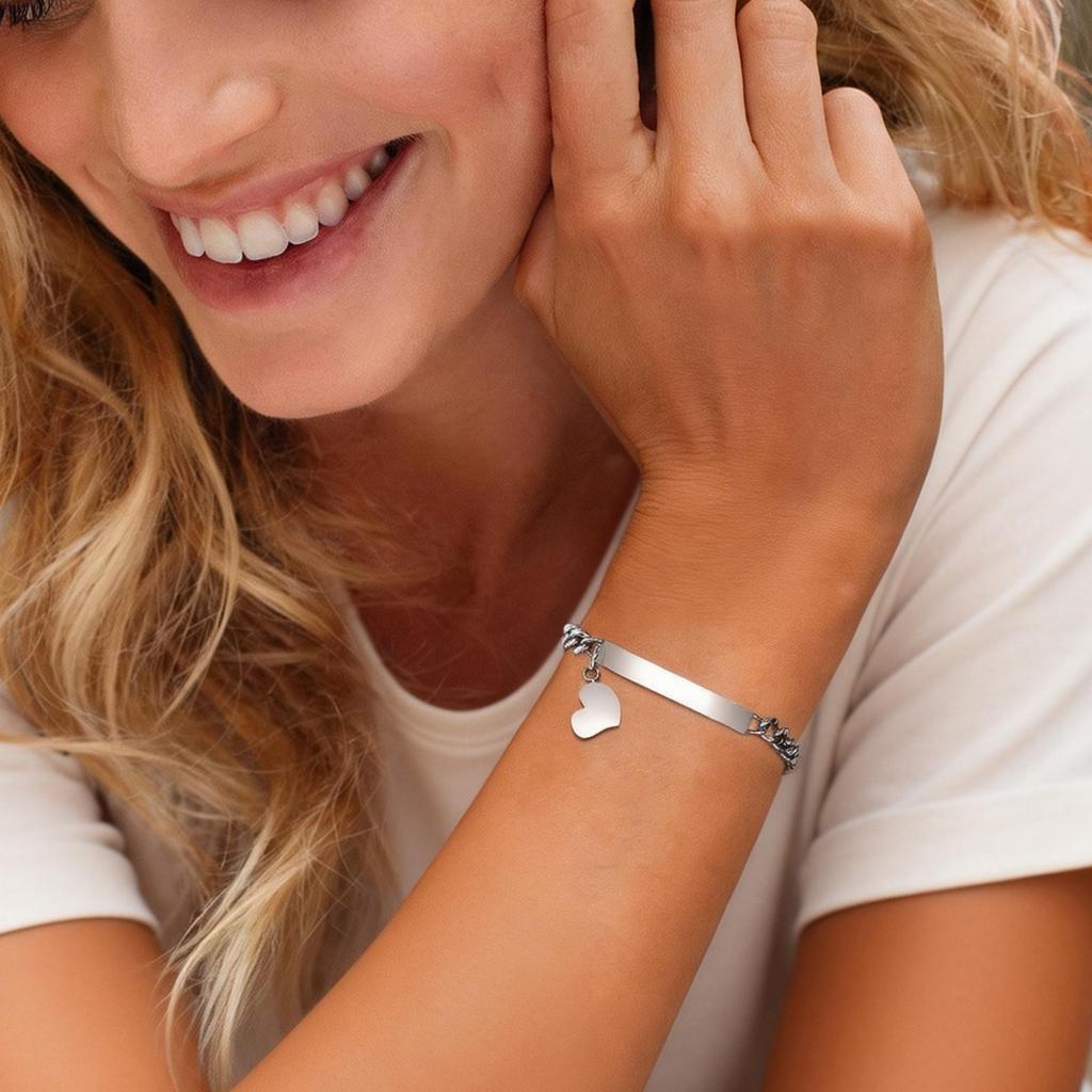 Stainless Steel Silver Color Bracelet Smooth Blank Bar With Heart Pendant Trendy Wrist Valentines Day Gift Jewelry