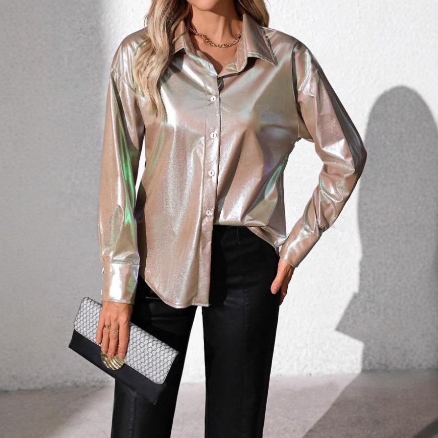 Ladies Spring Summer Lapel Solid Color Loose Long Sleeve All Match Blouse Shirt Top