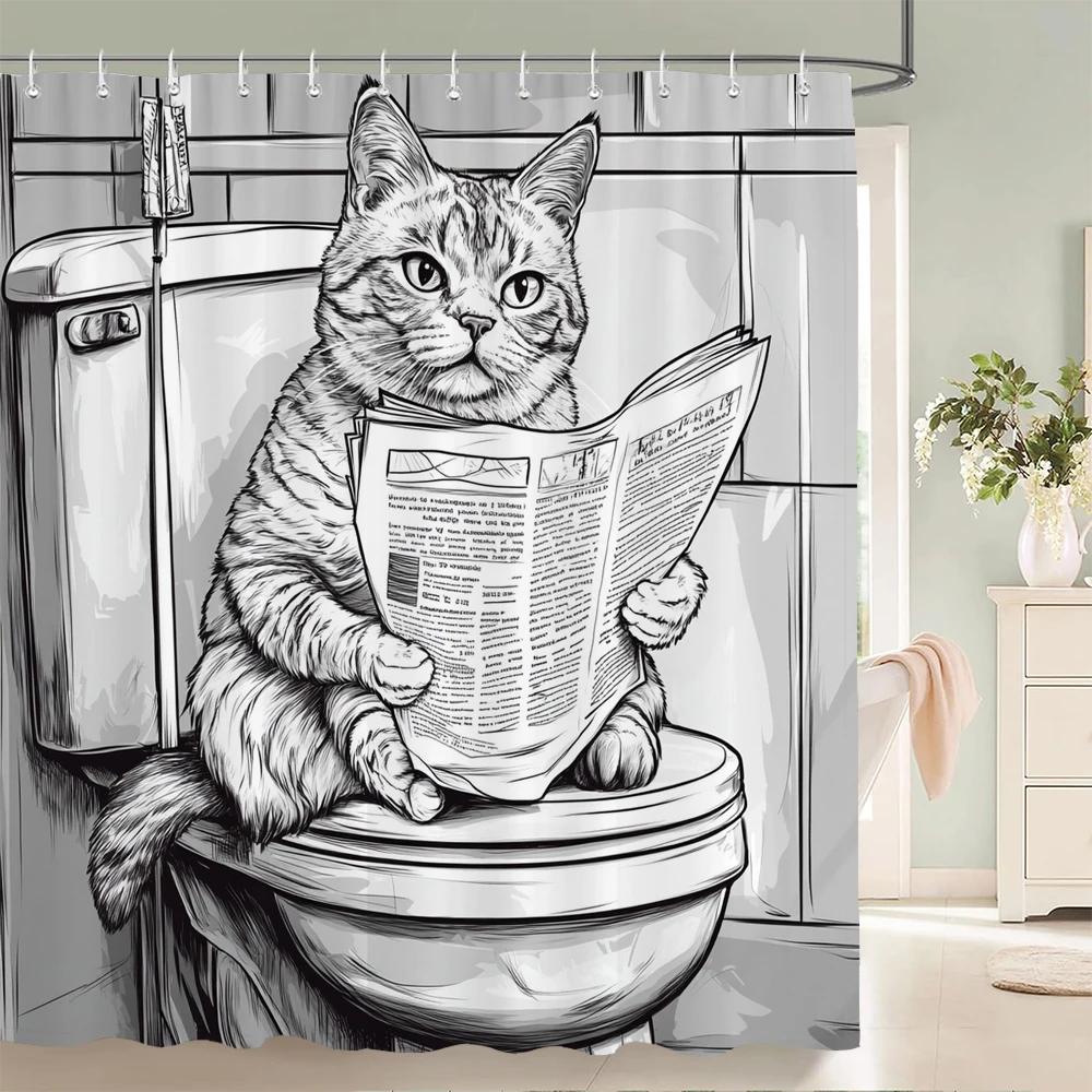 Minimalistisk stil Katt Hund Duschdraperi Intressant och Kreativt Djurtryckt Badkarsdekoration Badrumsgardin Med Krokar