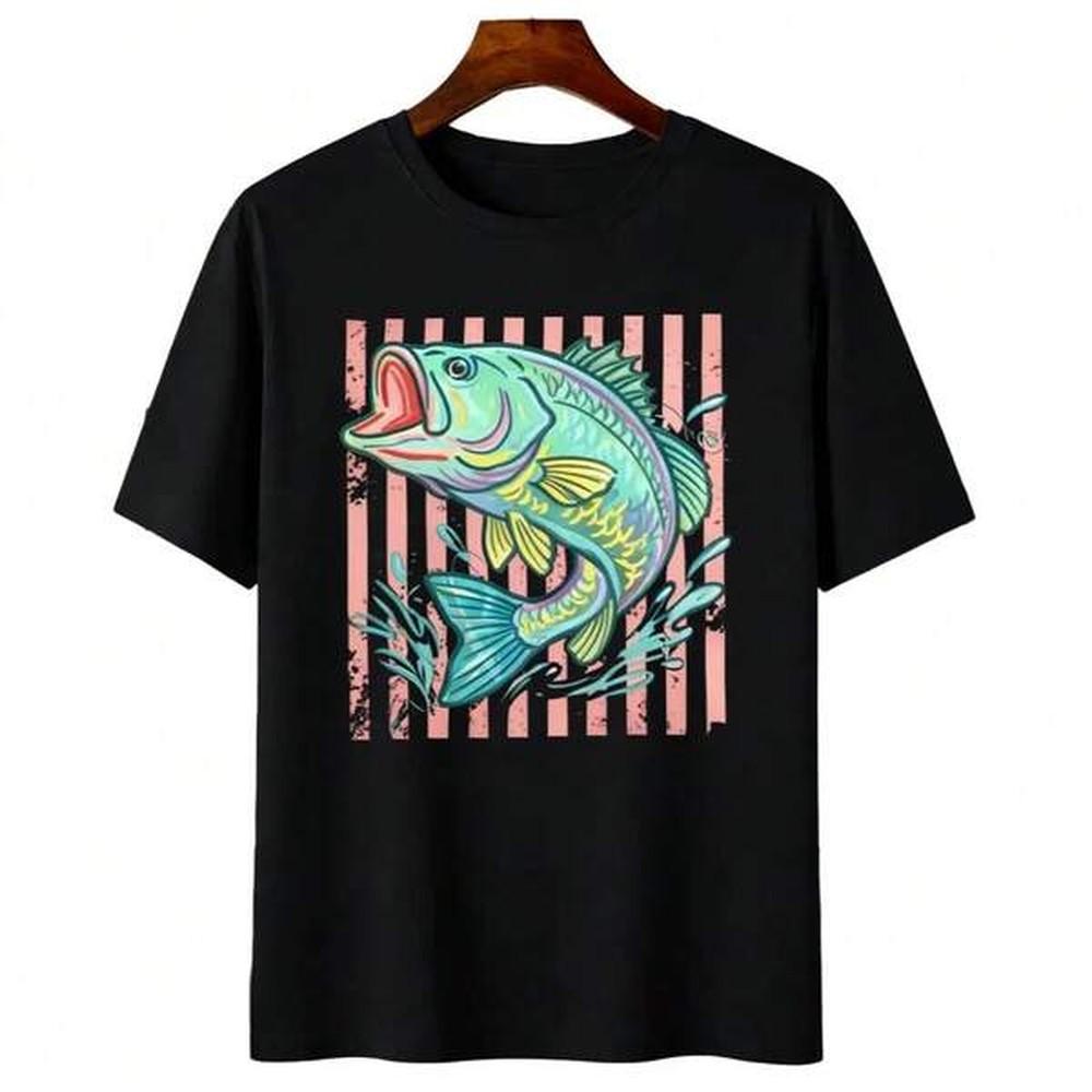 Essential Basicbass Fish Beach Graphic Tshirt Retro Preppy Striped Fishing Tee Summer Coastal Aesthetic Oversized Casual Top Beach Vacation Outfi