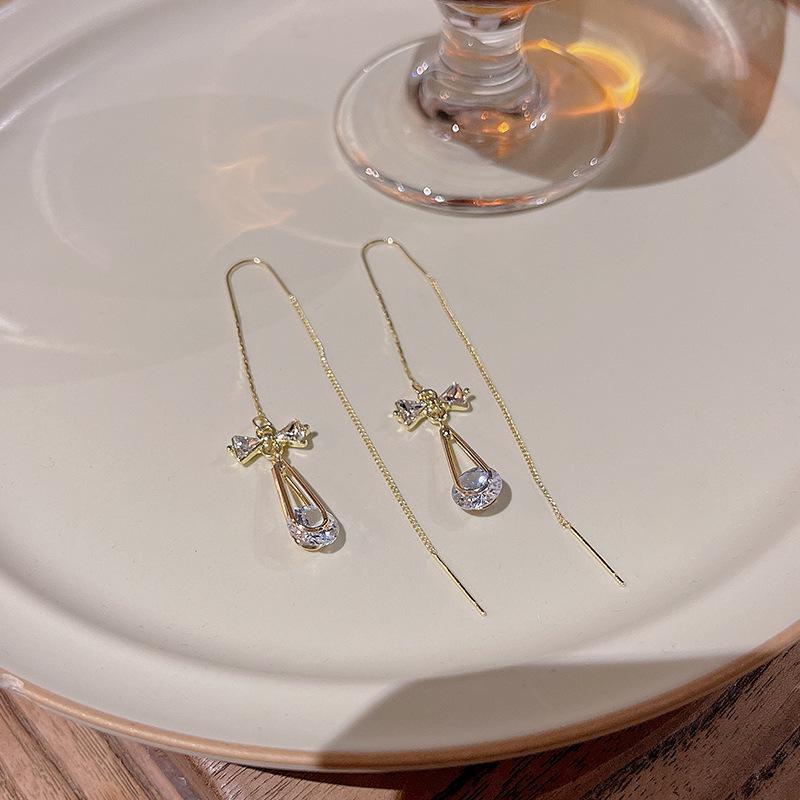 Elegant S925 Silver Teardrop Zircon Tassel Bow Earrings for Women