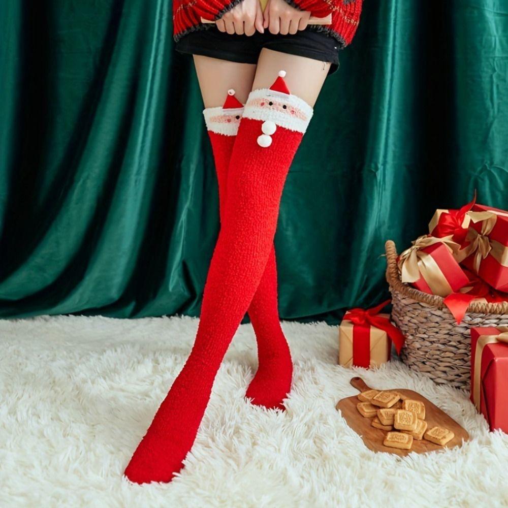 Coral Fleece Christmas Stockings Santa Claus Long Tube Socks Cartoon Hosiery  Children Stocking