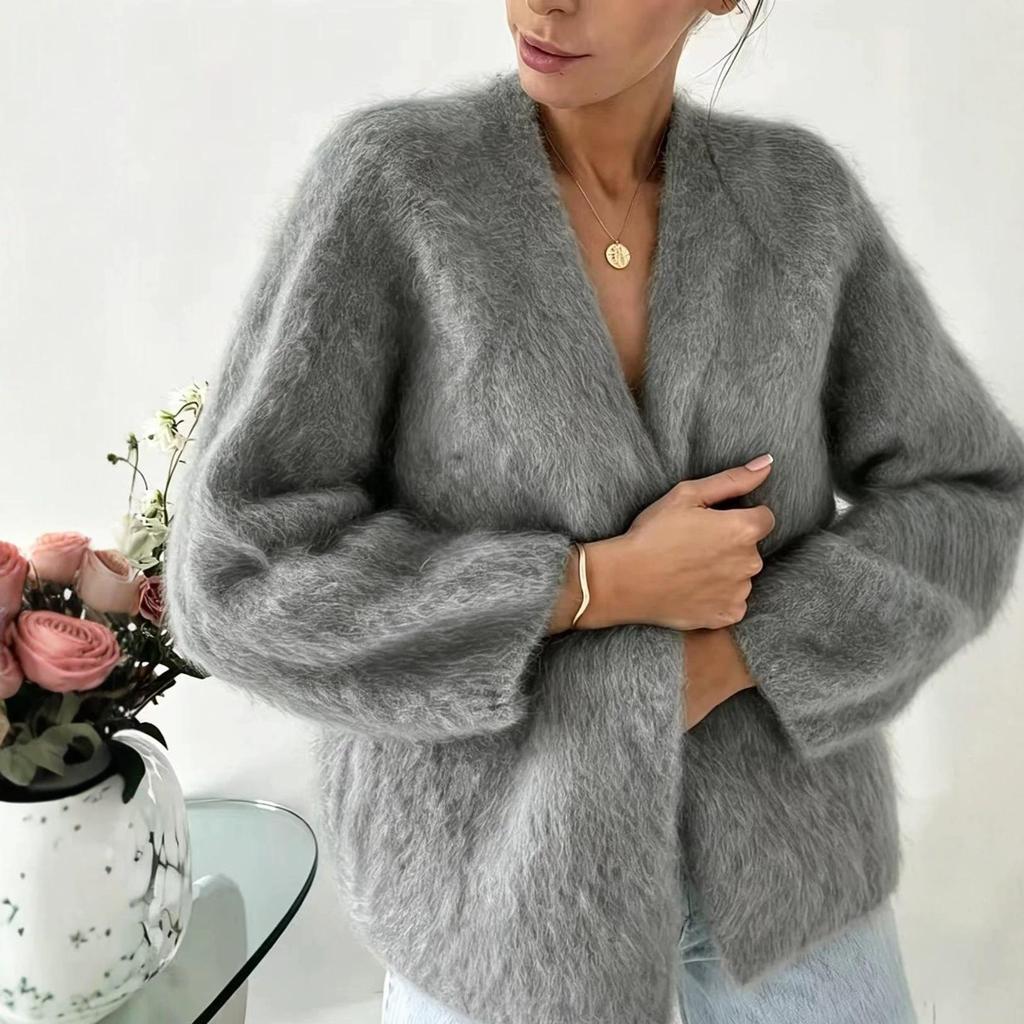 Pure Color Faux Mink Fur V-Neck Women's Cardigan - Loose Fit & Larger Sizes Available